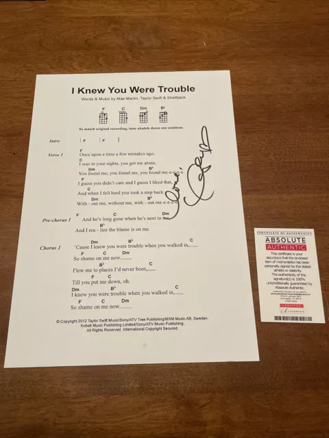 Autographed Taylor Swift Hand Signed I Knew You Were Trouble Sheet Music COA