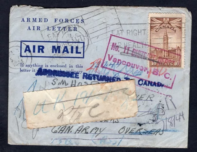 Canada WW2 Military 1944 Air Letter Cover to Soldier Rocky Mountain Rangers