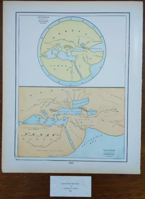 Vintage 1900 ANCIENT WORLD Map 14"x11" Old Antique Original HECATAEUS HERODOTUS