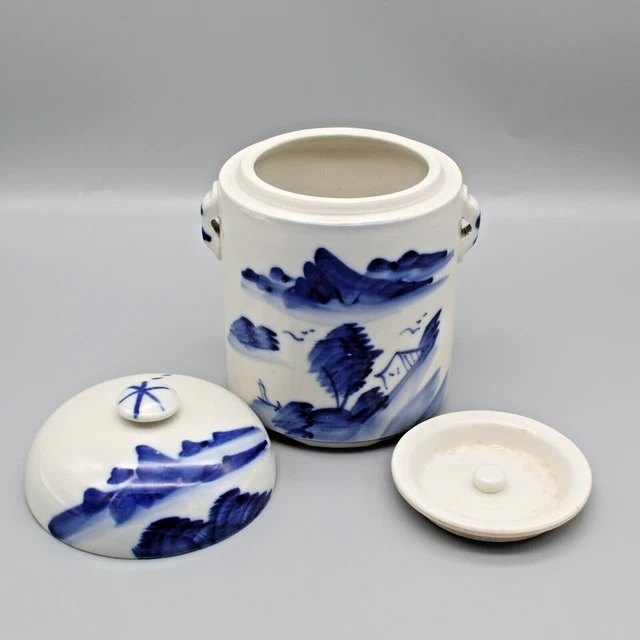 Vintage 1940's Blue and White Tea Caddy Chinese Hand Painted Double Lid Handles
