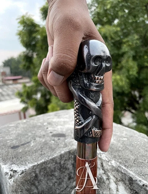 Handmade Skull Head Handle Walking Stick Cane Horror Skull Wooden Stick Antique