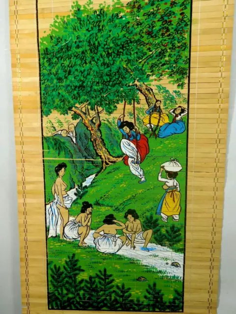 Vintage Asian Bamboo Scroll Summer Bathers Peeping Boys Hanging Wall Art