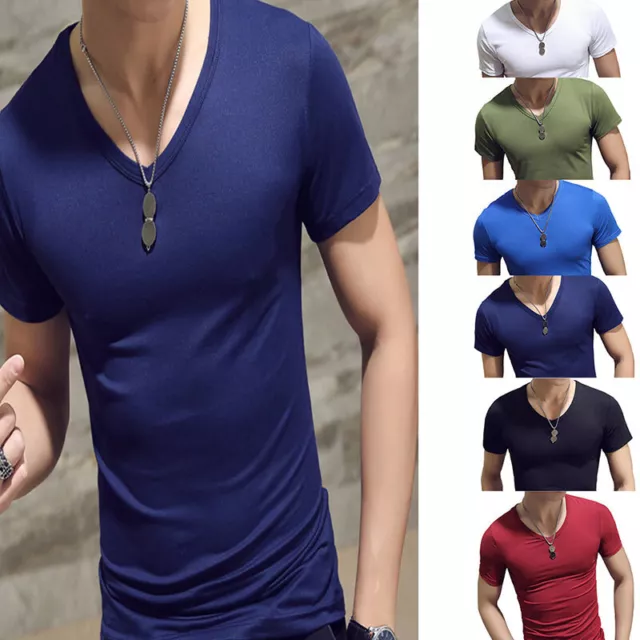 Hommes Été T-Shirt Manche Courte Col V T-Shirts Décontracté Fitness Slim Ha *