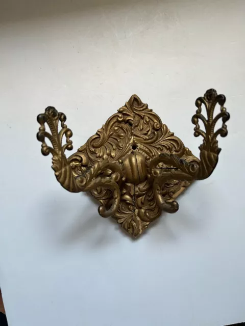 Ornate Clothes Hanger Double Wrought Hooks Wood Wall Mount Painted Gold Vintage