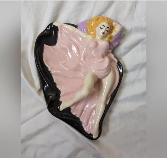 1950's Pin Up Beauty Decorative Ashtray MCM.  Blonde in Pink Dress - 🎩 Vintage