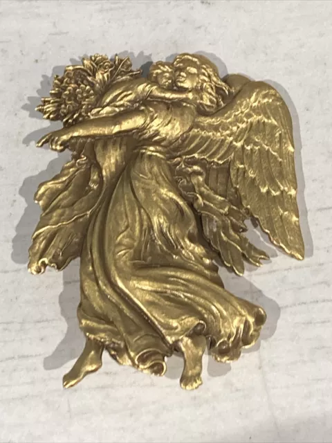 SPNEA Signed Gold Tone Detailed Vintage Guardian Angel w/ Child Pin Brooch VGC