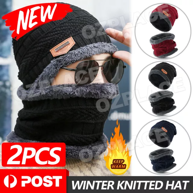 Winter Knitted Hat Fur Chunky Beanie Fleece Women Men Neck Warm Outdoor Ski Cap