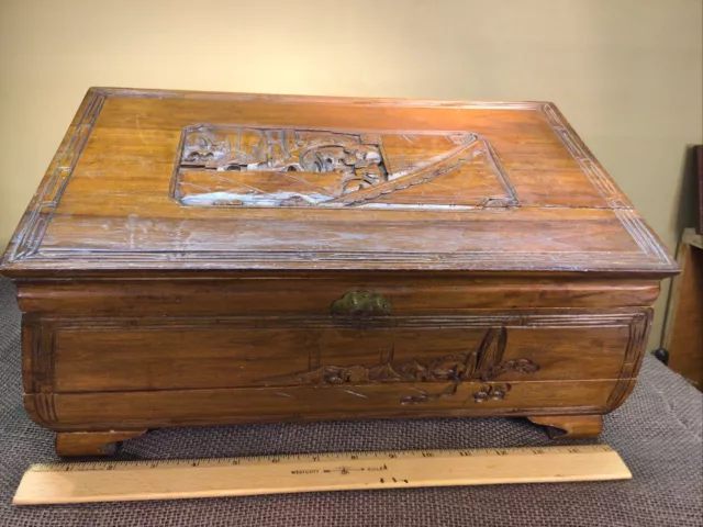 Antique Carved Hard Wood & Brass Jewelry Box Chest & Drawer 15.5 x 9 x 7 Lined