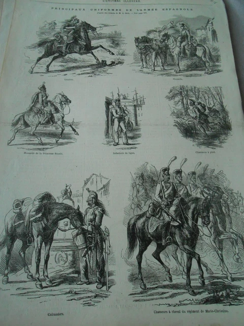 Gravure 1864 - Prncipaux uniformes de l'armée Espagnole Spain