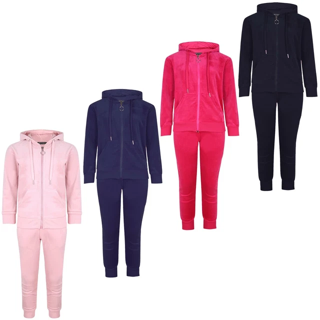 Kids Velour Tracksuit Hooded Jumper Top Boys Girls Jogging Bottoms Velvet 3-14 Y