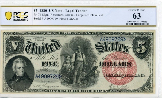 NobleSpirit No Reserve Fr 74 1880 $5 Large Red Seal Legal Tender PCGS MS 63