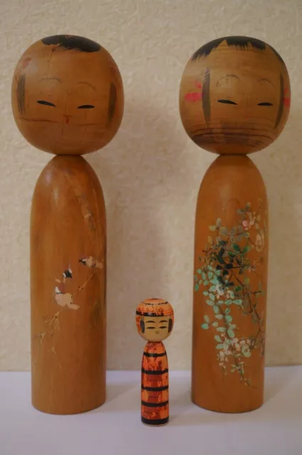 Kokeshi Holzpüppchen Set x3 Handarbeit Signiert Unique aus Kyoto Japan 0414B6G