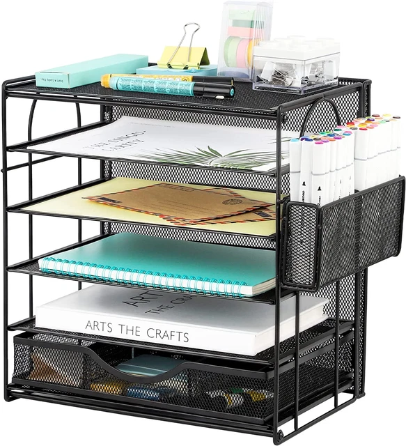 Paper Letter Tray, 5 Tier Mesh Desk File Organizer Paper Holder Rack with Drawer