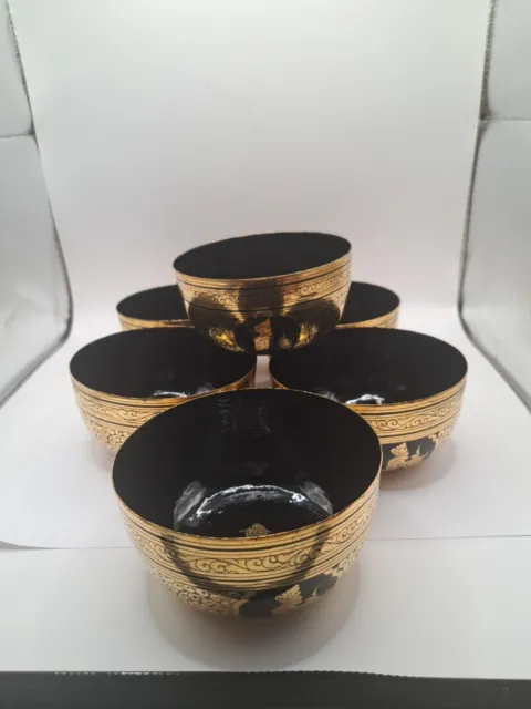 Oriental Burmese Black And Gold Lion Laquer Bowls And Coasters GUC Set Of 6 Each