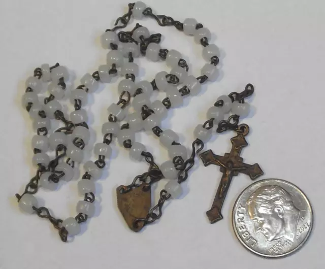 Antique vintage white glass petite rosary brass Virgin Mary medal crucifix Italy