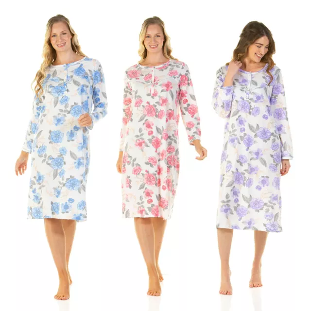 Lady Olga Jersey Nightie Ladies Roses Long Sleeve Soft Comfy Nightdress