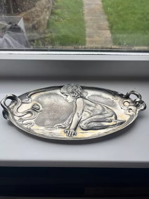 RARE WMF Art Nouveau Jugendstil pewter tray child with snail German c.1905