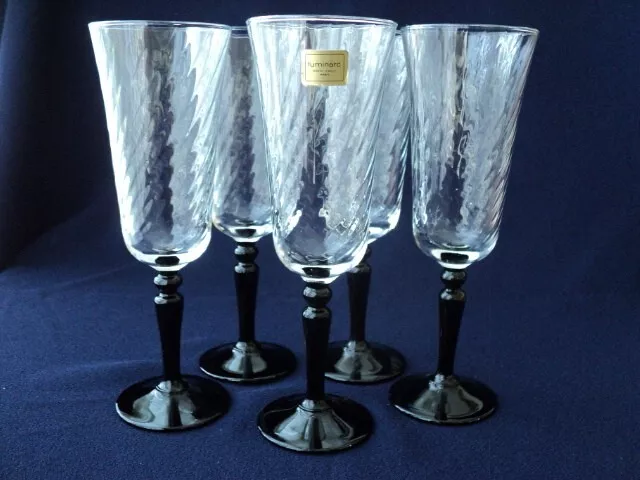 Luminarc Optic Swirl Glass Black Stemmed Champagne Flutes x 5 France