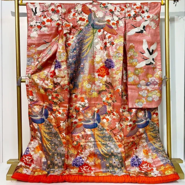 Japanese Silk Kimono Robe Uchikake Wedding Embroidery Pink Antique U21