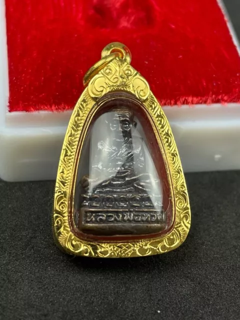 thai Amulet Phra Statue LP Tuad Wat Chang Hai Inlaid Real Gold Frame Beautiful 2