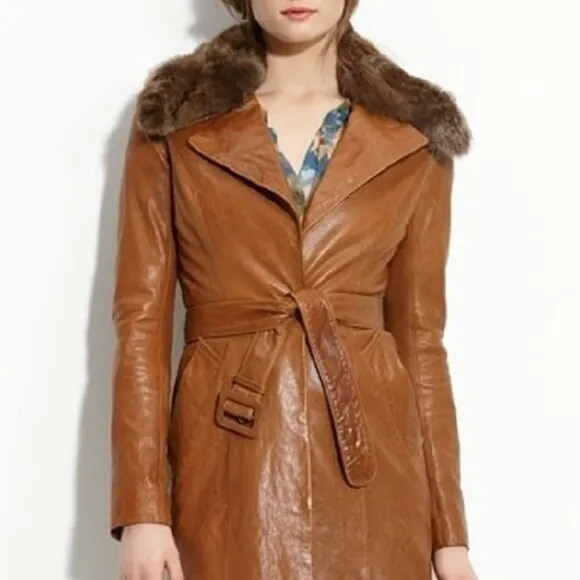 JUNE Leather Fur Trim Jacket Sz XS Cognac
