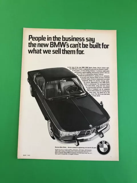 1966 1967 Bmw 2000 Sports Coupe Original Vintage Print Ad Advertisement Printed
