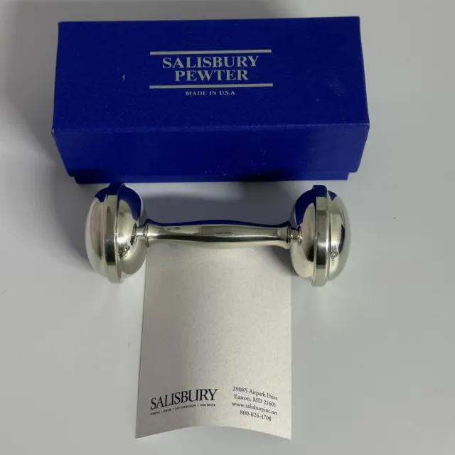 Salisbury Pewter Dumbbell Baby Rattle Toy Barbell 4" Long Original Box & Papers
