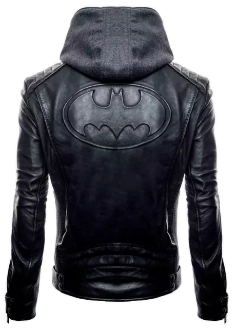 New Batman Logo Motorcycle Brando Biker Real Leather Hoodie Jacket - Detach Hood