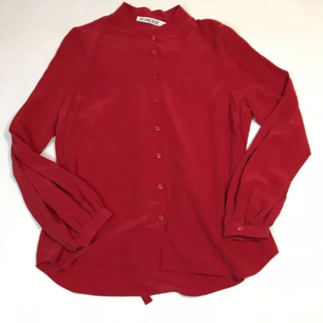 Jeunesse Womens Silk Blouse Sz L Red Button-Up Mandarin Collar Long Sleeve NWT