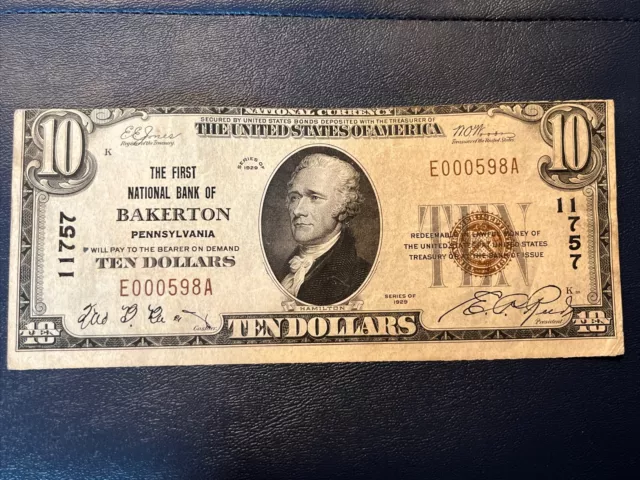 1929 $10 FIrst National Bank BAKERTON Pennsylvania National Currency CH #11757