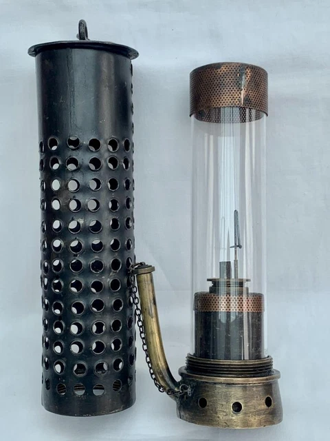 Brass & Steel Miners Lamp With Glass Internal Cylinder In Good Condition.