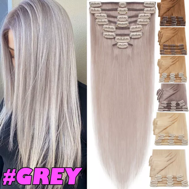 AU CLEARANCE 100% Human Hair Extensions Clip In Real Remy Hair Full Head #GREY
