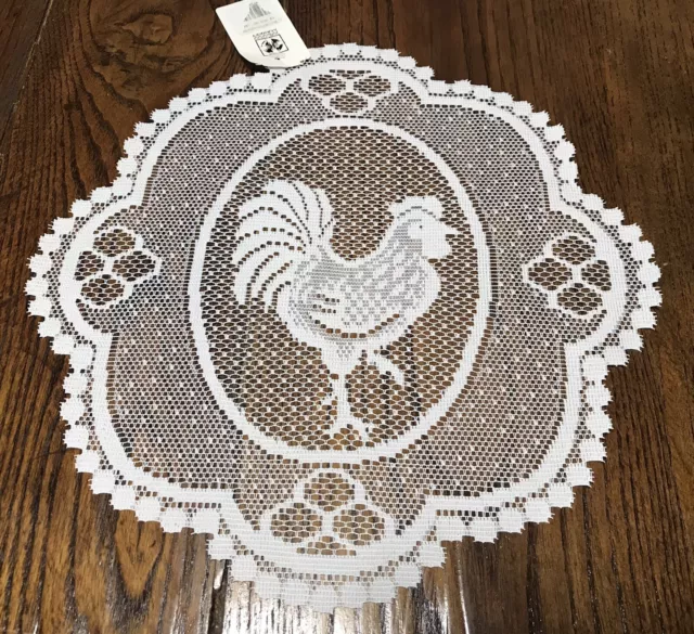 New Set/2 Vintage White Rooster Doily Liechtenstein Lace Farmhouse Cottage 12"