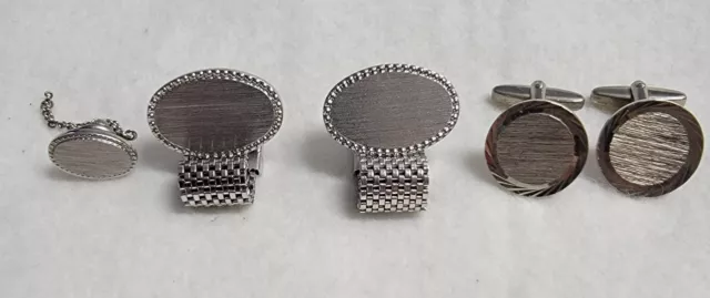 2 Pairs Brushed Stainless Steel Cufflinks plus Tie Tack Clean and very nice