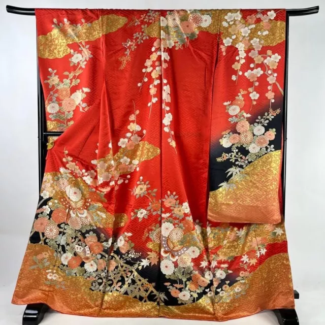 JAPANESE KIMONO FURISODE LONG SLEEVES LADIES WOVEN SILK Vermilion color 172.5cm