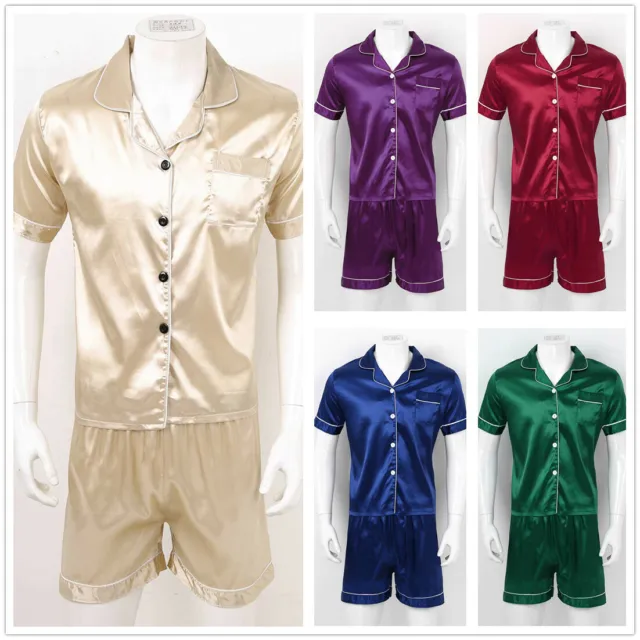 Mens Silk Satin Pajamas Set PLUS SIZE sleepwear Nightwear 2 Piece Shirt Shorts