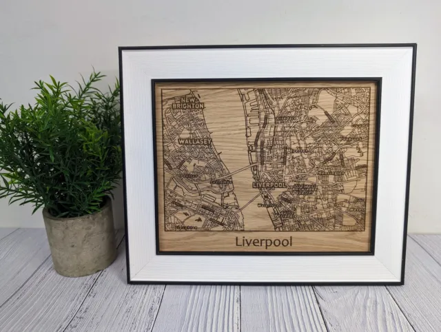 Framed Wooden Liverpool Map - Oak City Map with Wirral, Wallasey & New Brighton