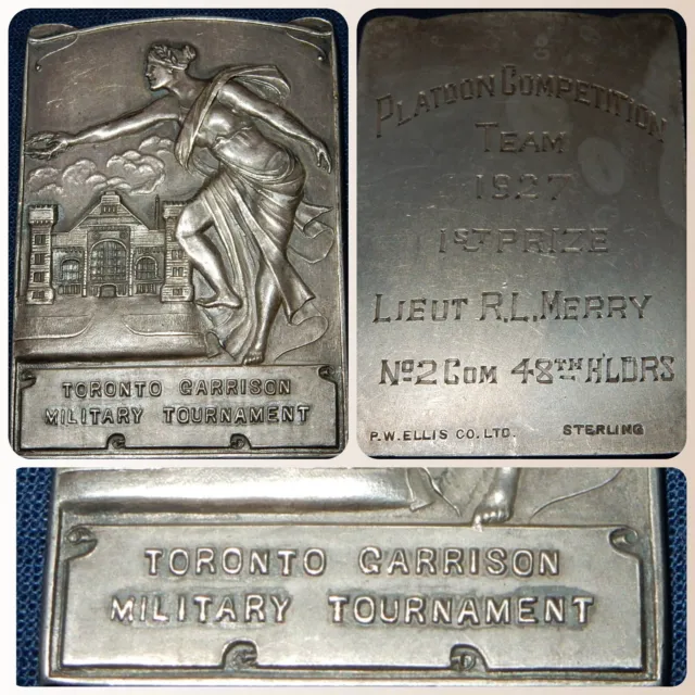 Antique 1927 Sterling Silver Tablet Medal Lieut Merry 48Th Canadian Highlanders