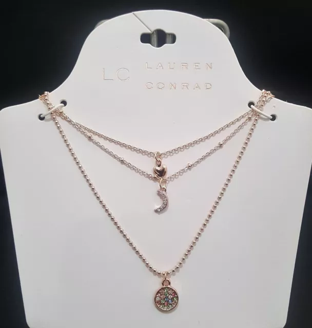 Lc Lauren Conrad Rose Gold Plated Multi Layer Rhinestone , Heart  Necklace