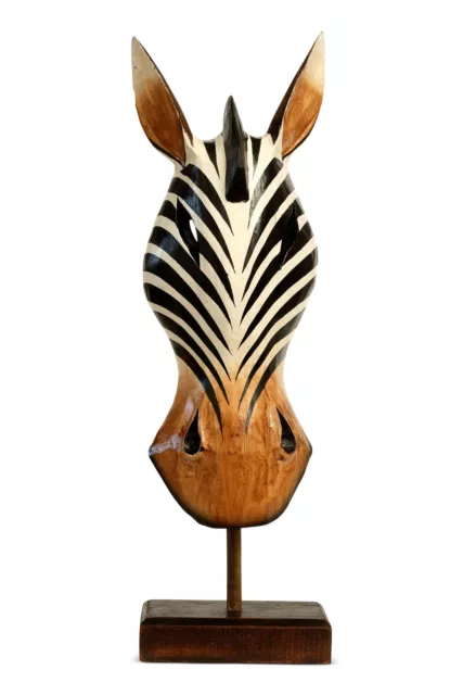 20" Wooden Tribal Striped Zebra Mask Stand Alone Hand Carved Decor Art Sculpture