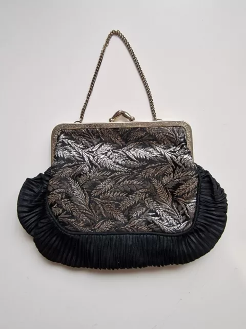 Vintage Münzbörse Mini Clutch schwarz silber bestickt 1920er Jahre Art Deco Blatt CFR 2