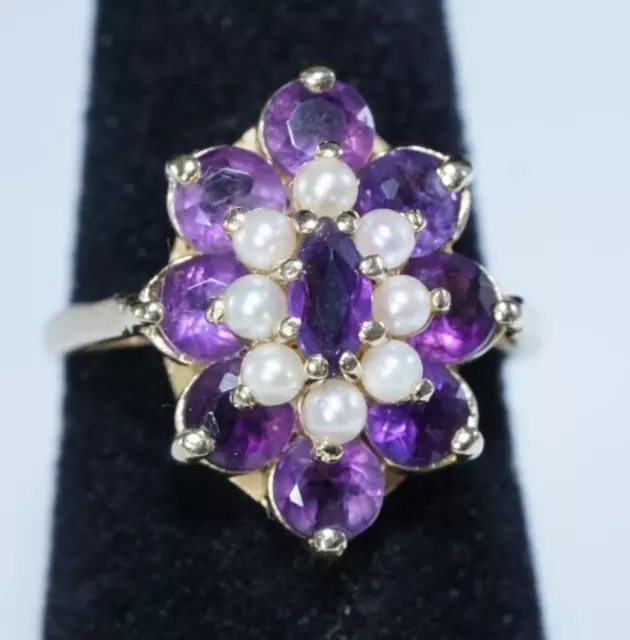 14K Yellow Gold 2ctw AMETHYST & PEARL Statement Ring, 5g, Size 6, ESTATE PIECE