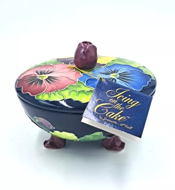 J McCall Blue Sky Icing on the Cake Footed Covered Candy Dish 2004 Floral Tags