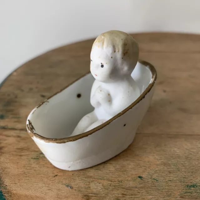 Antique Vintage Porcelain Japan Bisque Miniature Baby Child Bathtub Doll Set