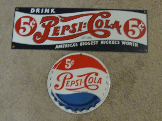 2 Pepsi Cola 5¢ Porcelain/Enamel Heavy Metal Sign Ande Rooney