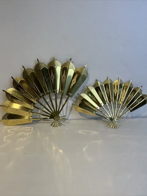 Vtg Home Interiors Pair Metal Gold Tone Asian Fan Wall Plaques Hanging 13” & 9”