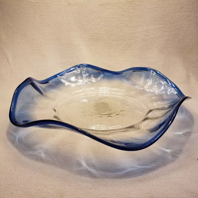 Murano Style Vintage Art Glass Transparent Blue Console Fruit Bowl Wavey Shaped
