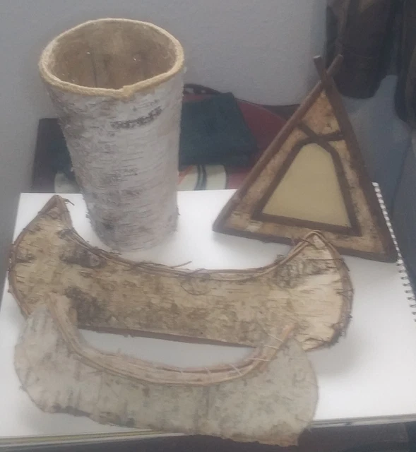 Vintage Native American Indian Birch Bark: 2 Canoes, Teepee Picture Frame, Vase