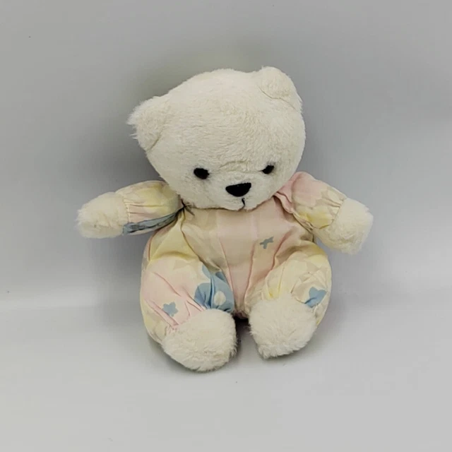 Ancien doudou peluche ours blanc rose bleu jaune beige fleurs - 30376