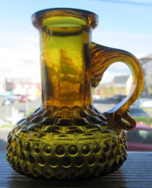 Dark Yellow Amber Clevenger Hobnail & Brick Candle Bottle With Applied Handle